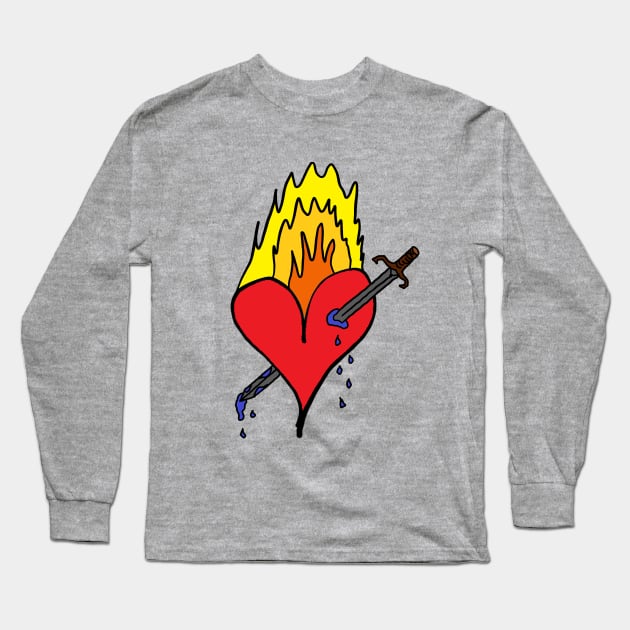 Burning red heart that was bleeding blue by a sword that ripped it! A cute, pretty, beautiful red heart drawing which is burning and ruptured by sword. Long Sleeve T-Shirt by Blue Heart Design